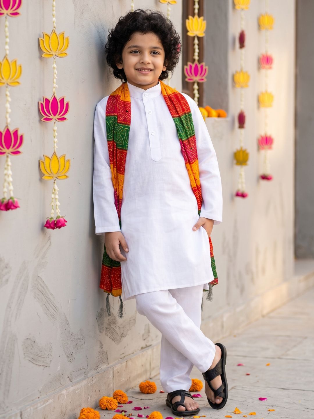 White Solid Pure Cotton Kurta Pyjama With Multicolor Dupatta Set For Boys