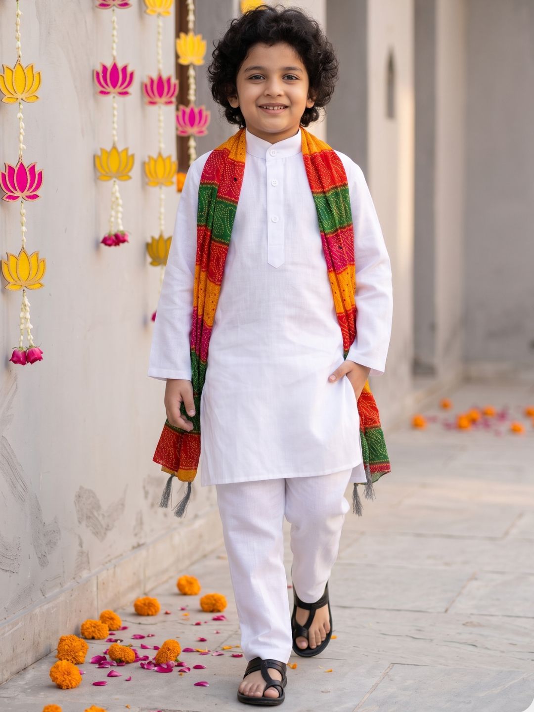 White Solid Pure Cotton Kurta Pyjama With Multicolor Dupatta Set For Boys