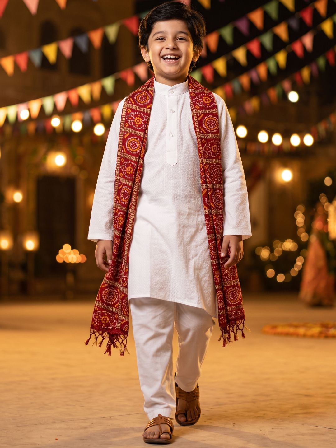 White Solid Pure Cotton Kurta Pyjama With Red Dupatta Set For Boys