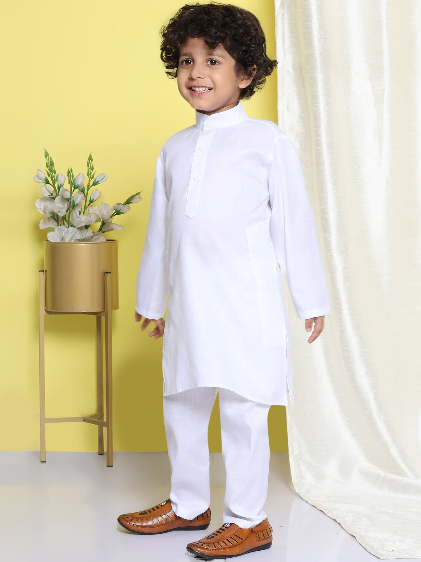 Kids Boys White Solid Cotton Kurta Pyjama Set