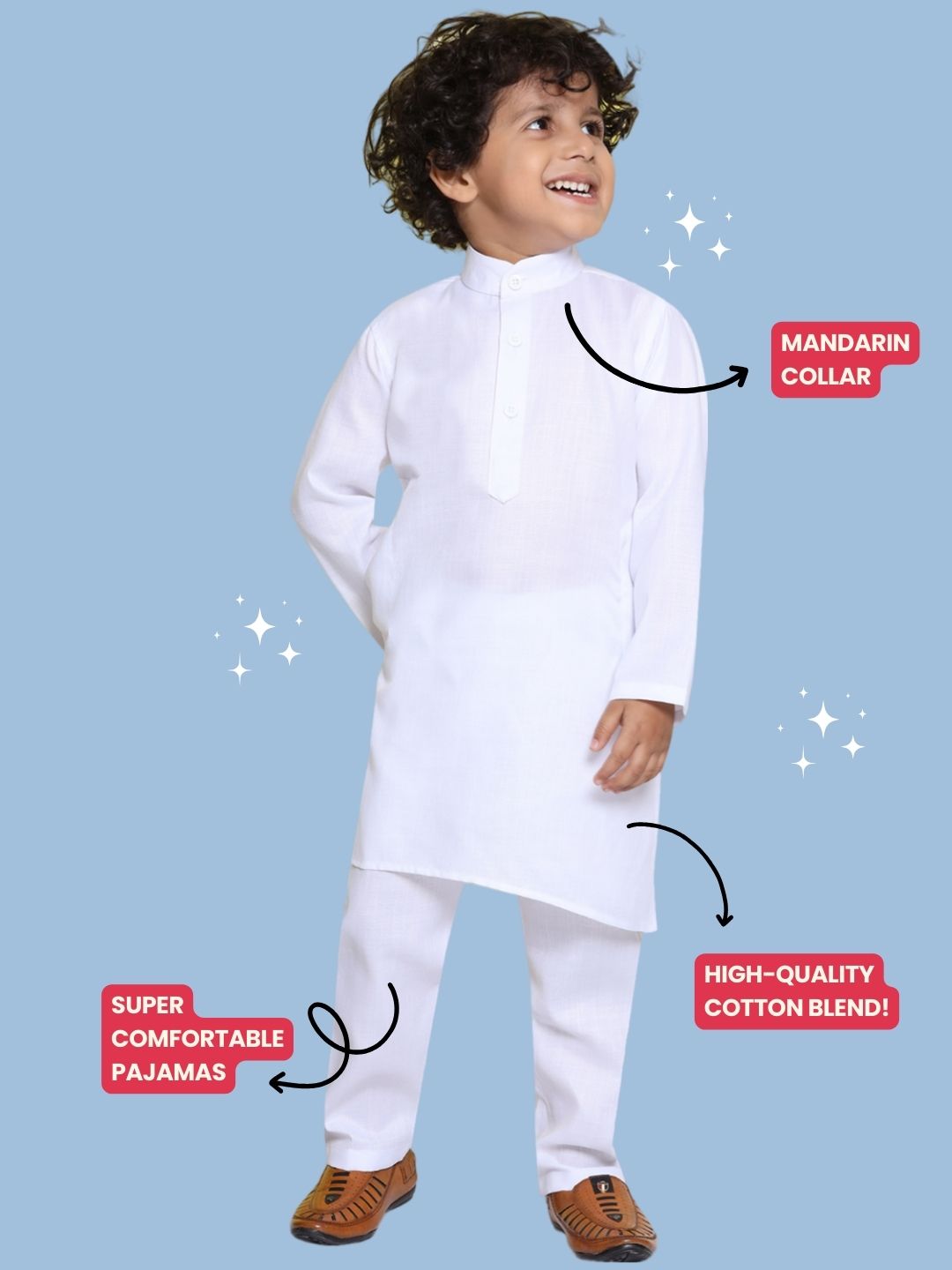 Kids Boys White Solid Cotton Kurta Pyjama Set