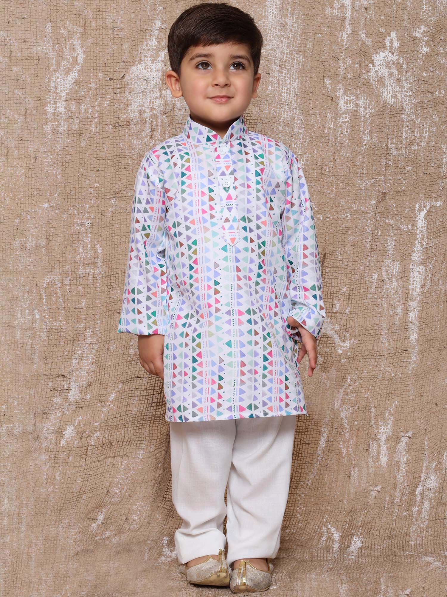 Kids Boys Blue Geometric Print Cotton Kurta Pyjama Set - AJ Dezines