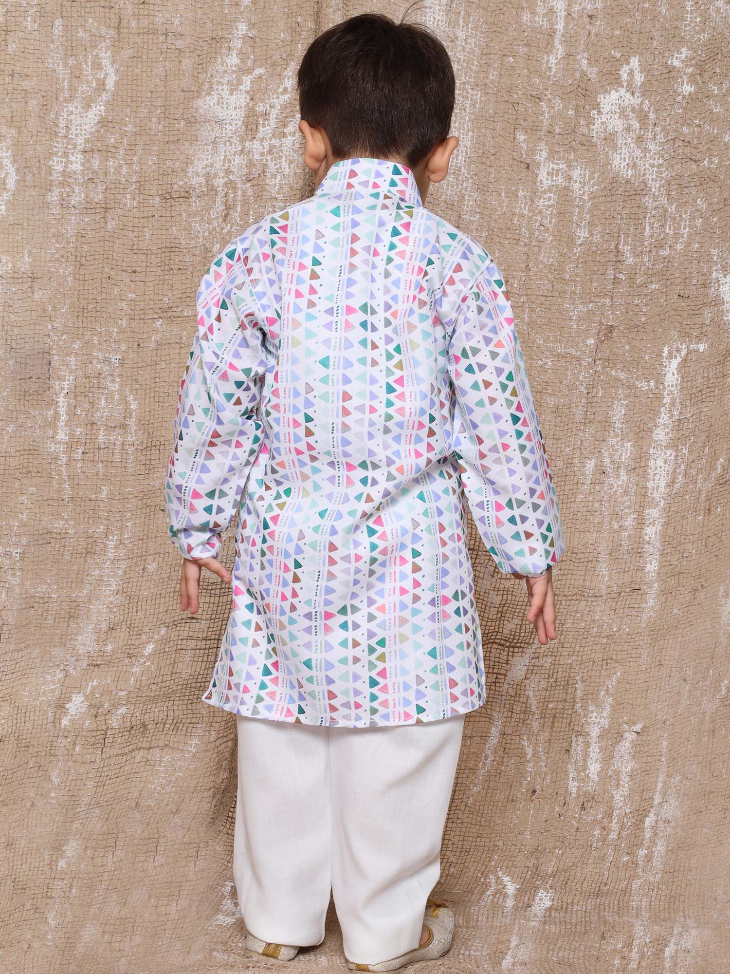 Kids Boys Blue Geometric Print Cotton Kurta Pyjama Set - AJ Dezines