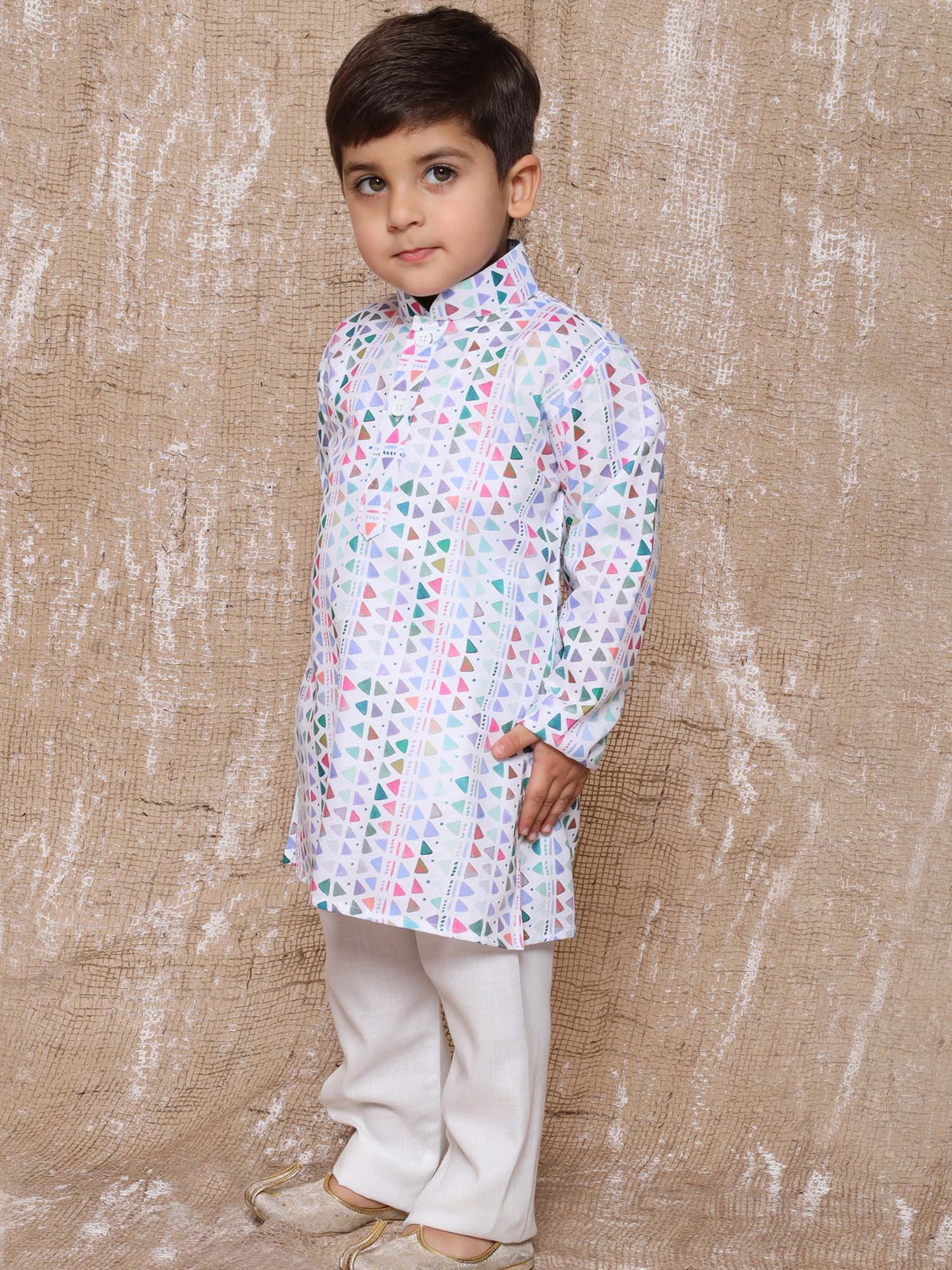 Kids Boys Blue Geometric Print Cotton Kurta Pyjama Set - AJ Dezines