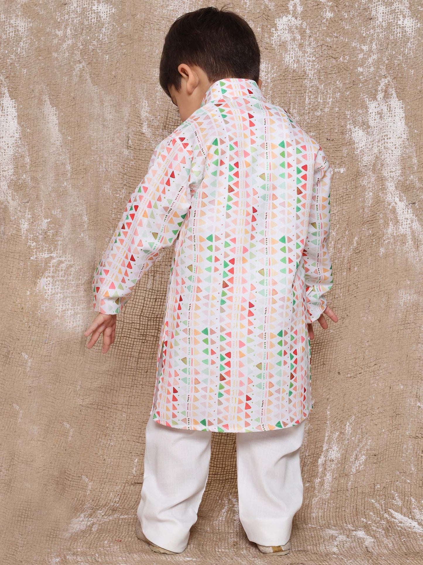 Boys Peach Cotton Printed Kurta Pyjama Set