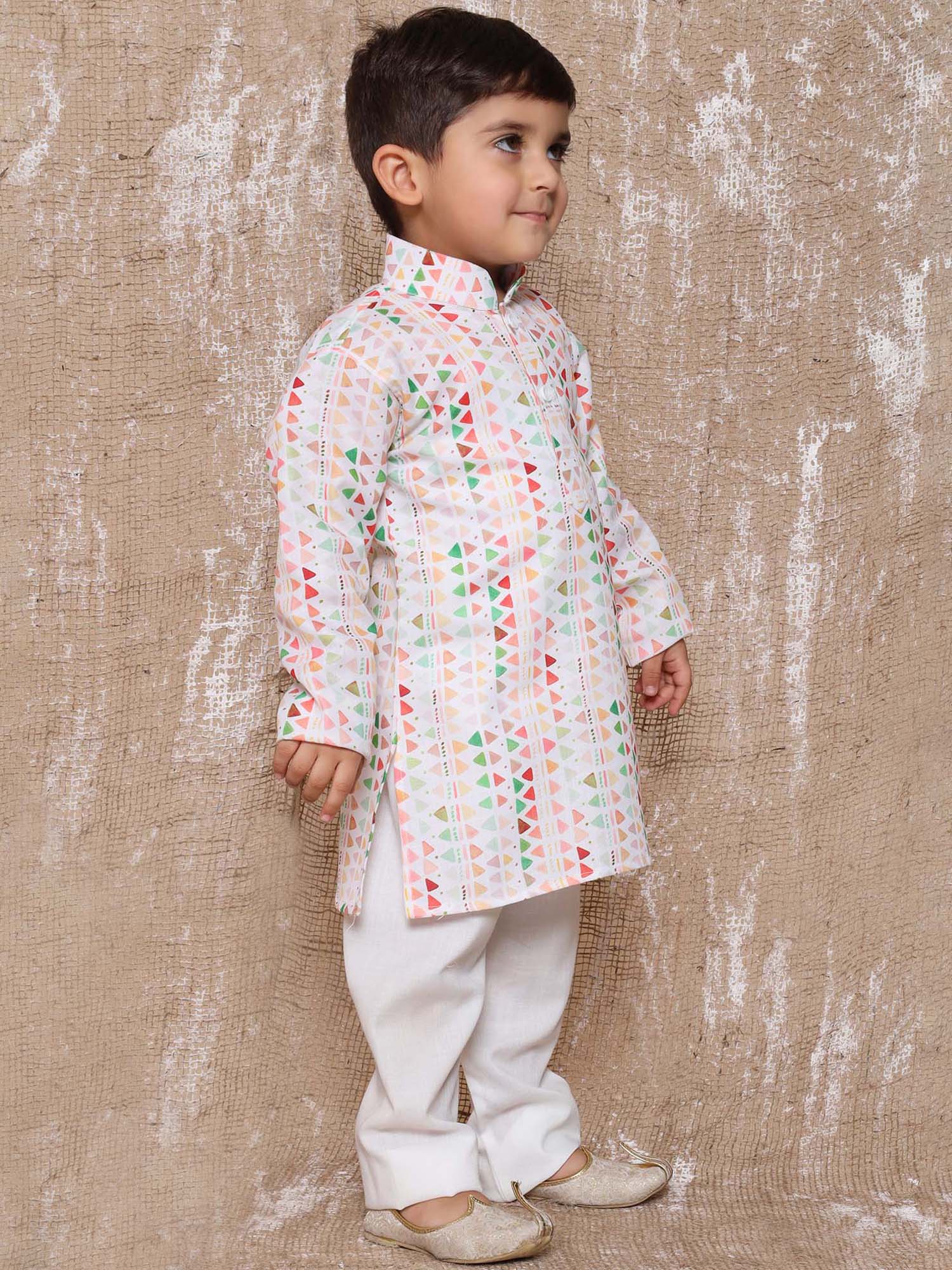 Kids Boys Peach Geometric Print Cotton Kurta Pyjama Set - AJ Dezines