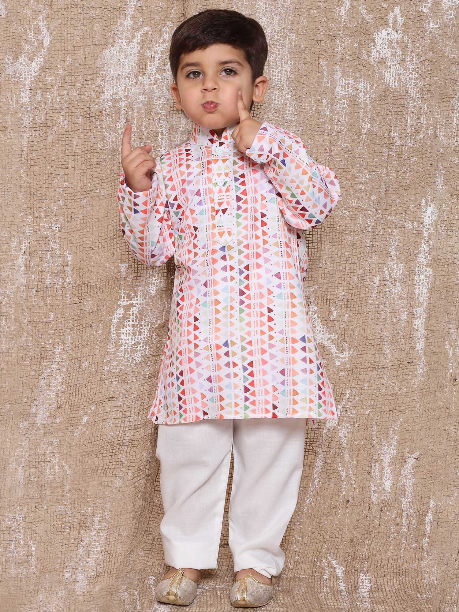 Kids Boys Red Geometric Print Cotton Kurta Pyjama Set - AJ Dezines