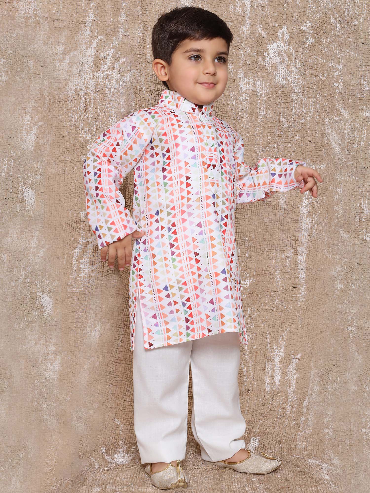 Kids Boys Red Geometric Print Cotton Kurta Pyjama Set - AJ Dezines