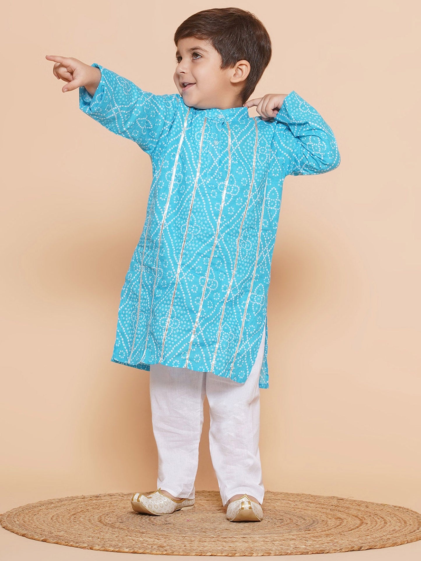 Boys Bandhani Pure Cotton Kurta Pyjamas and Girls Lehenga Sibling sets-Blue