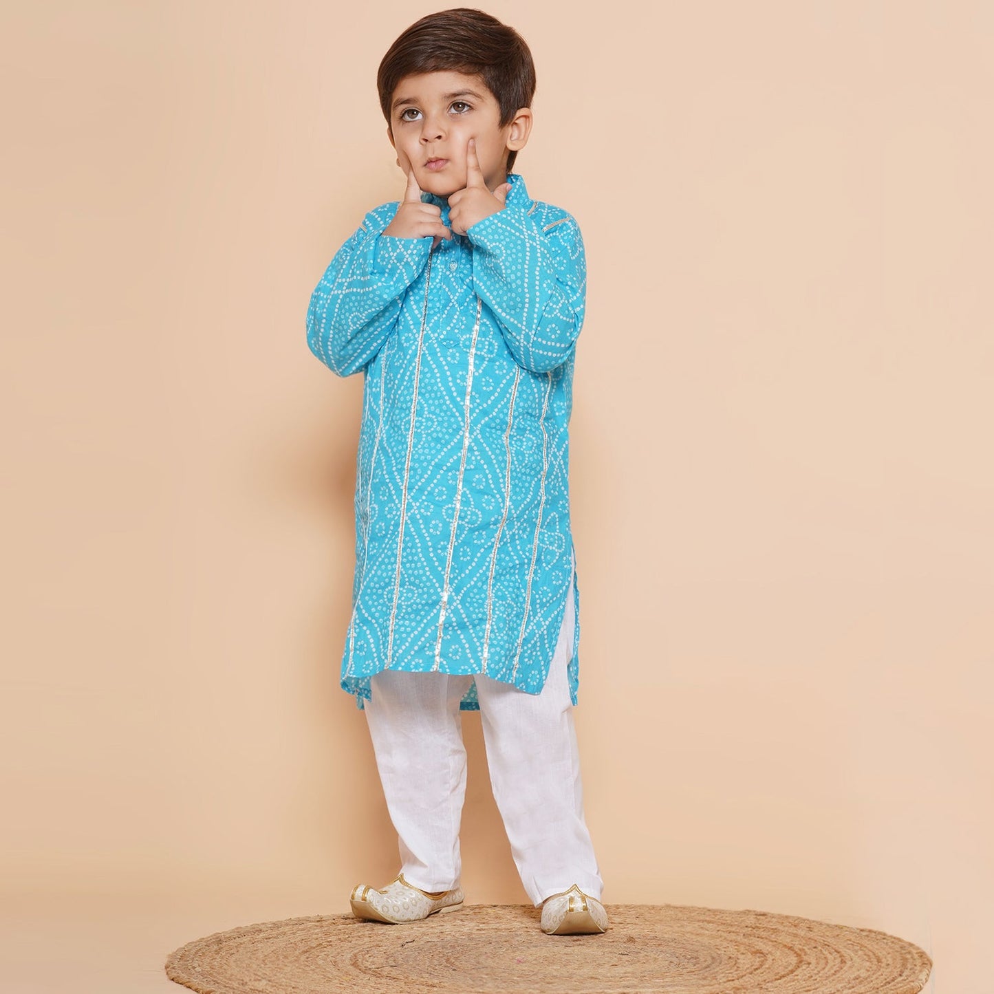 Boys Bandhani Pure Cotton Kurta Pyjamas and Girls Lehenga Sibling sets-Blue