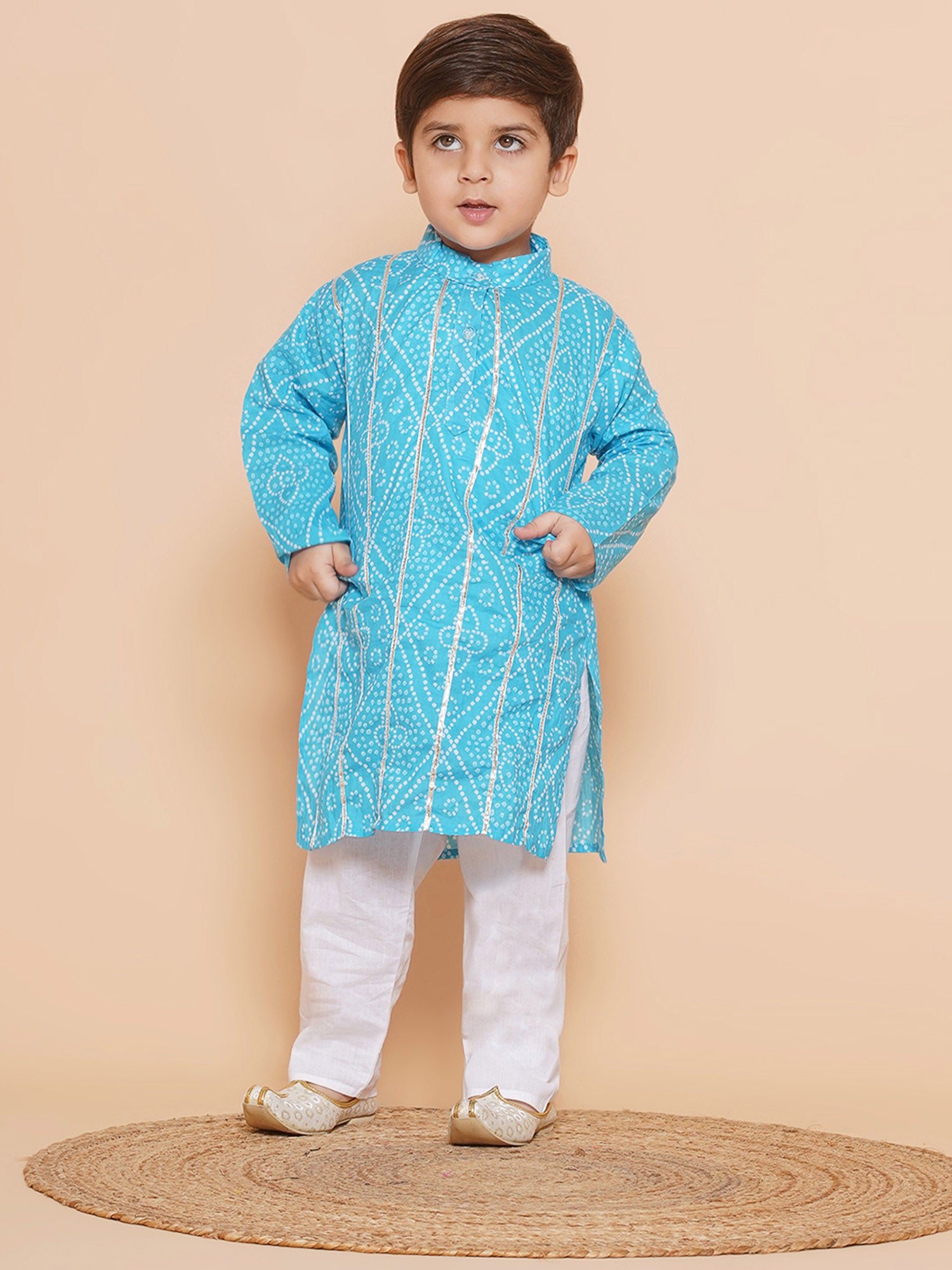 Kids Boys Blue Bandhani Print Cotton Kurta Pyjama Set - AJ Dezines