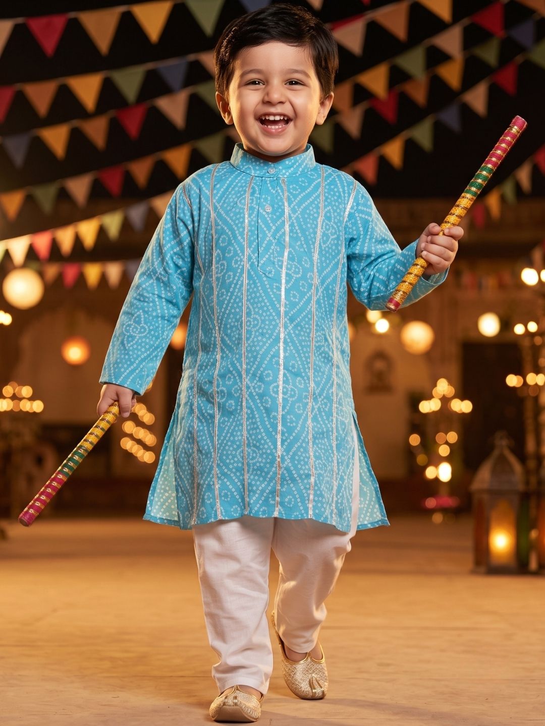 Kids Boys Blue Bandhani Print Cotton Kurta Pyjama Set