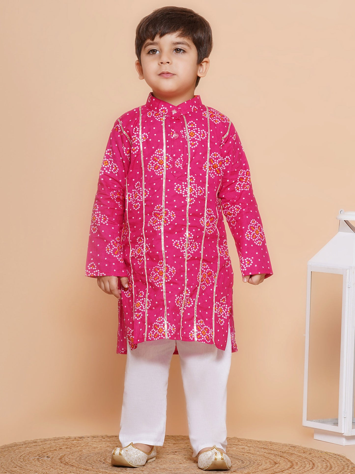 Kids Cotton Pink Printed Kurta Pyjama Set For Boys