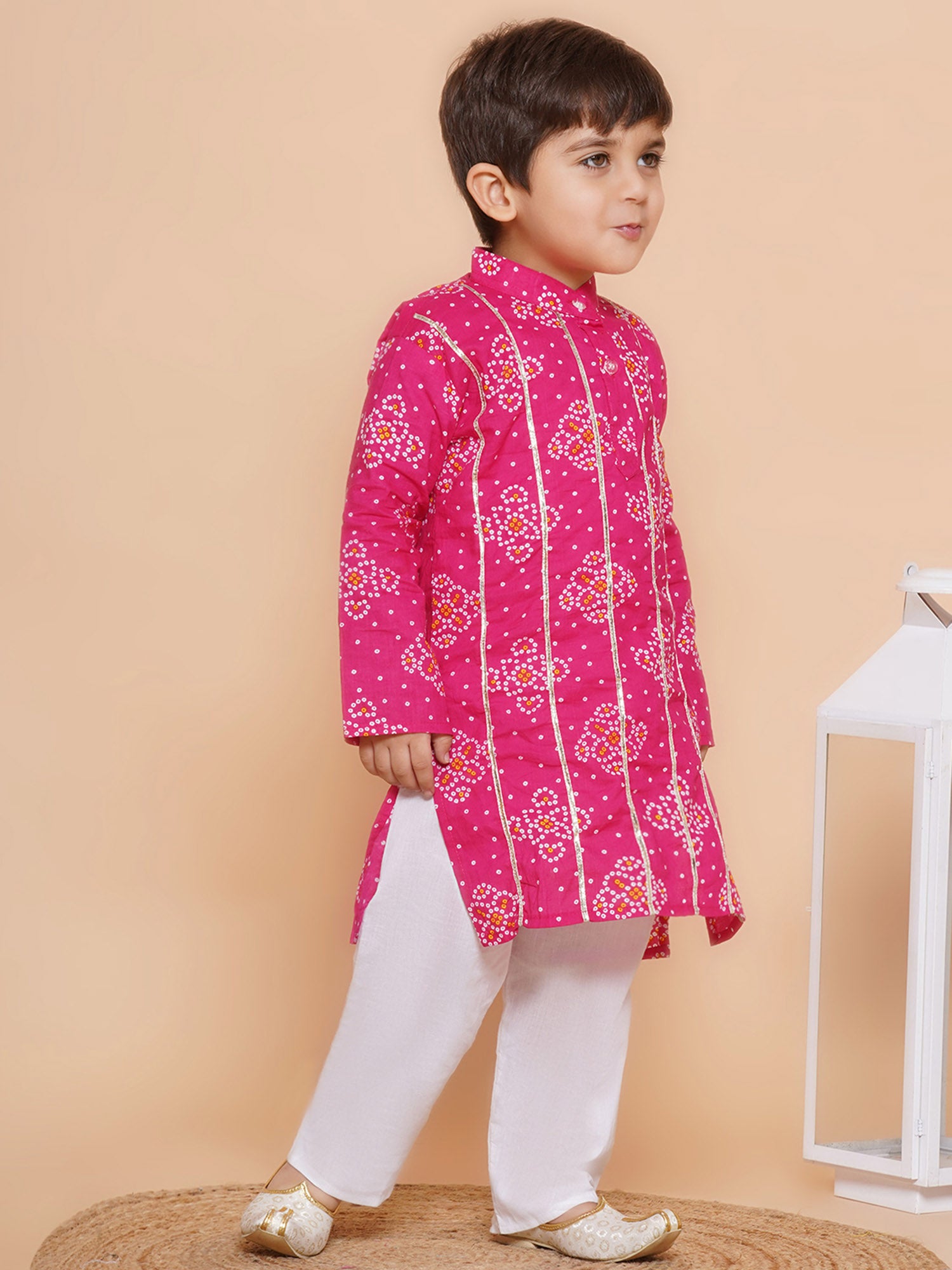 Kids Boys Pink Bandhani Print Cotton Kurta Pyjama Set - AJ Dezines