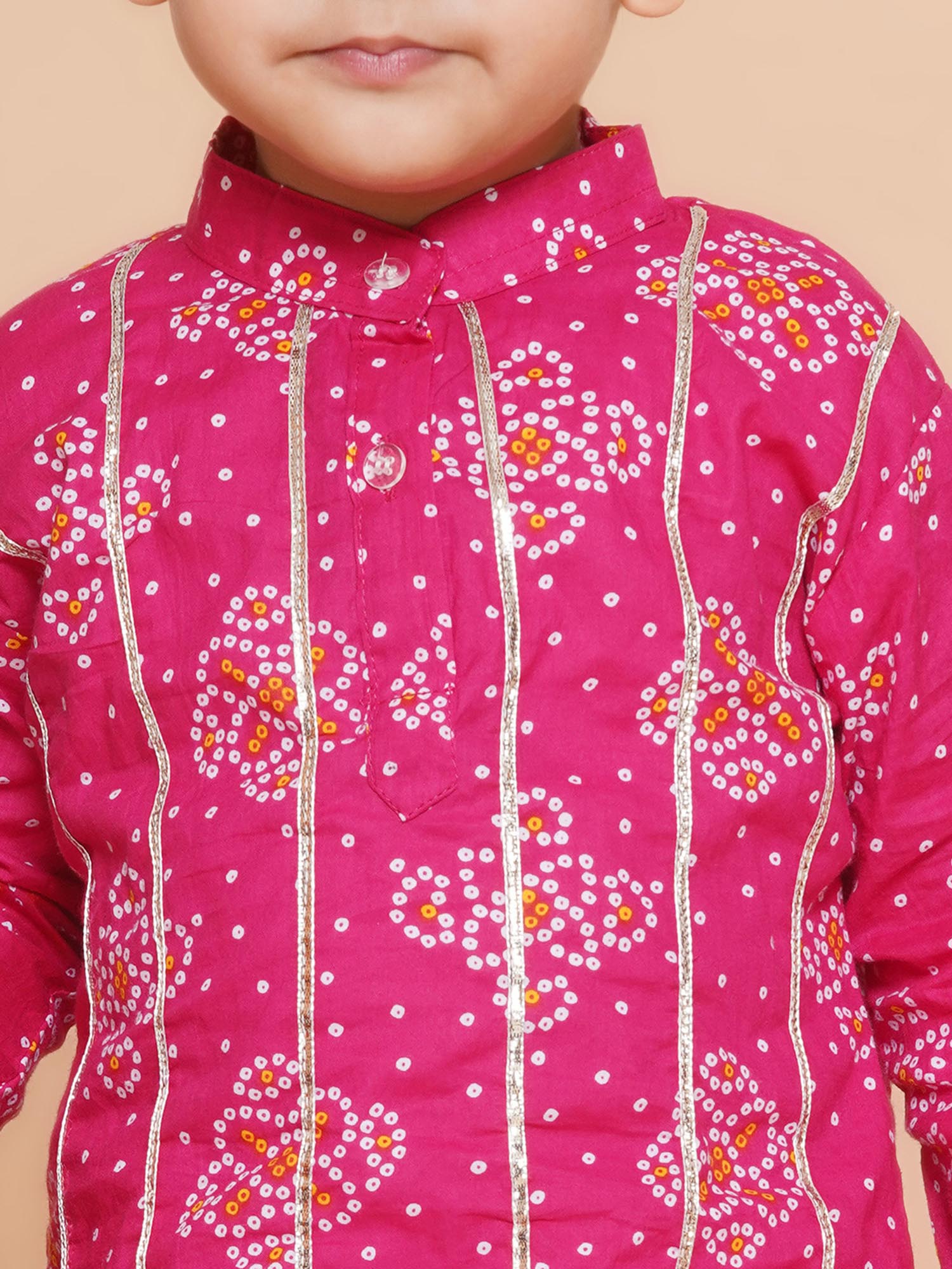 Kids Boys Pink Bandhani Print Cotton Kurta Pyjama Set - AJ Dezines
