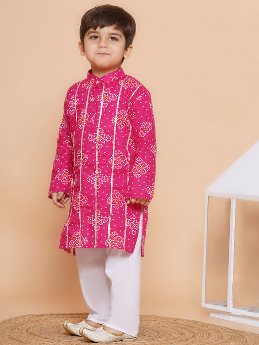 Kids Boys Pink Bandhani Print Cotton Kurta Pyjama Set