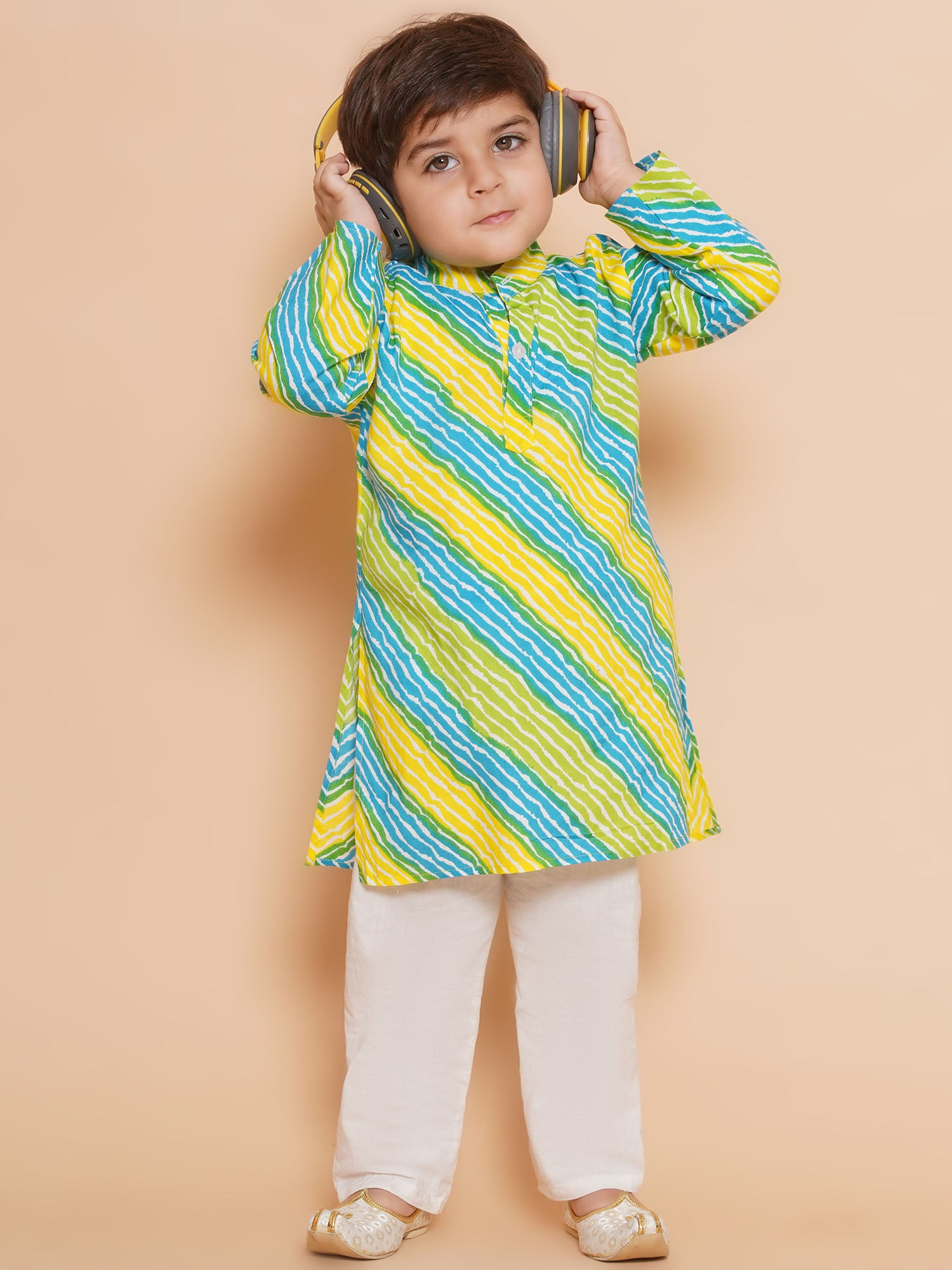 Kids Boys Blue Lehariya Cotton Kurta Pyjama Set