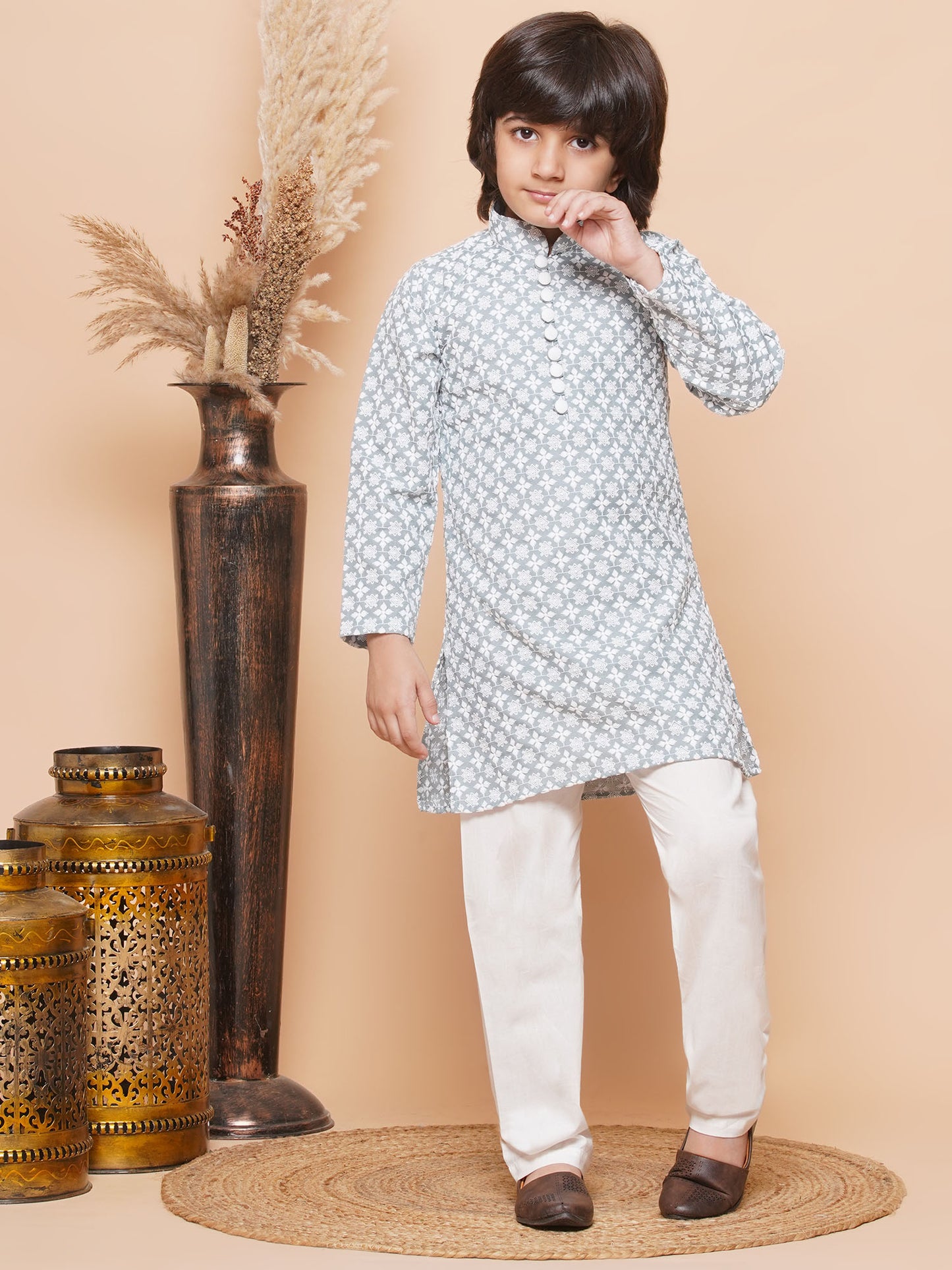 Kids Boys Grey Embroidered Cotton Kurta Pyjama Set