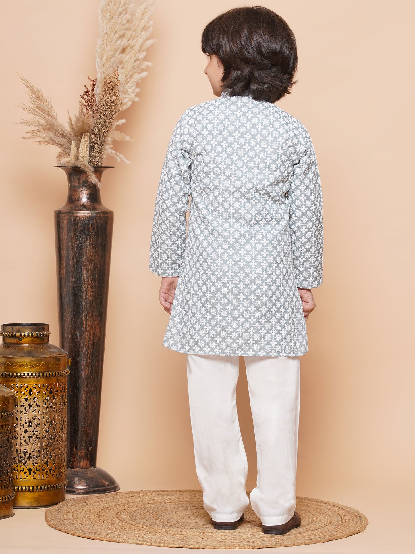 Kids Boys Grey Embroidered Cotton Kurta Pyjama Set