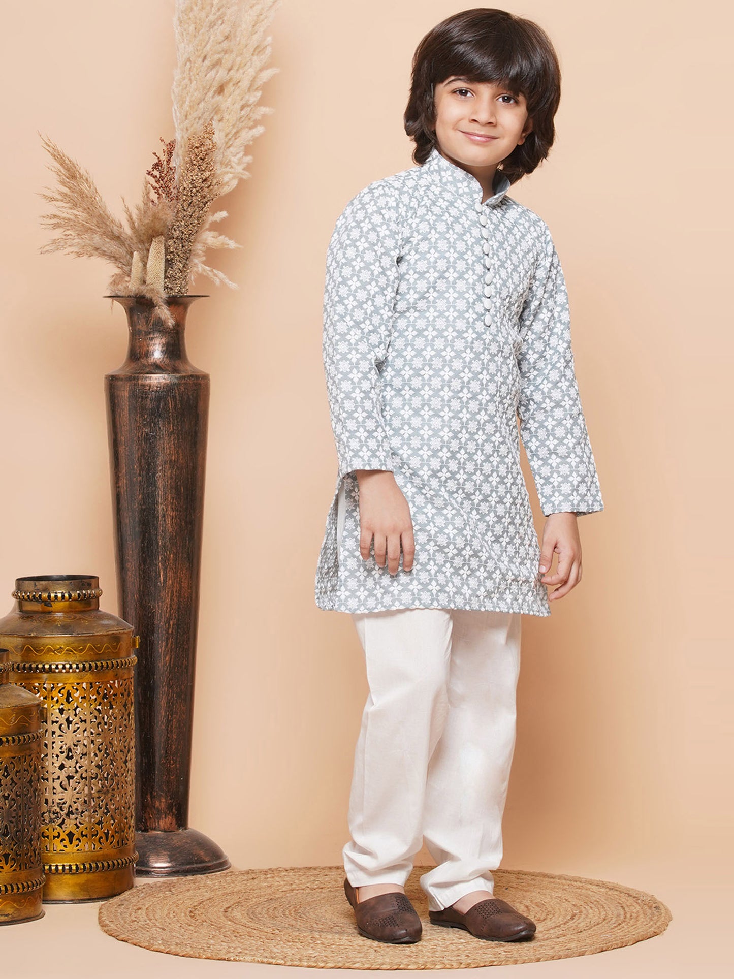 Kids Boys Grey Embroidered Cotton Kurta Pyjama Set