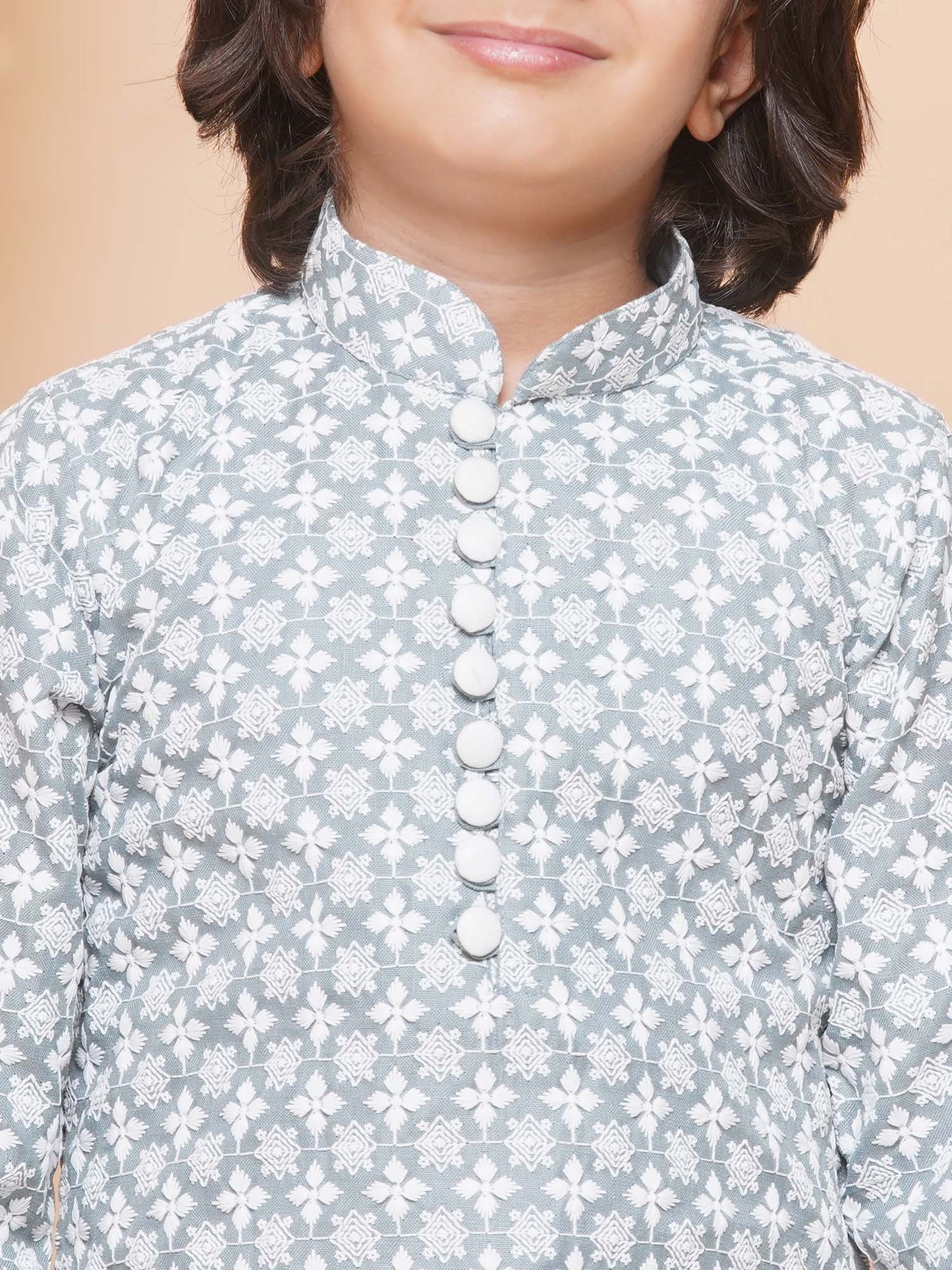 Kids Boys Grey Embroidered Cotton Kurta Pyjama Set