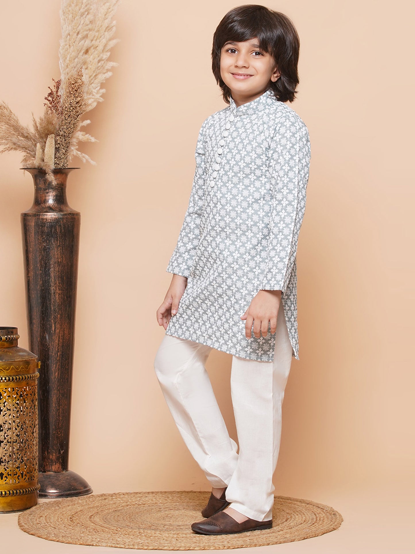 Kids Boys Grey Embroidered Cotton Kurta Pyjama Set