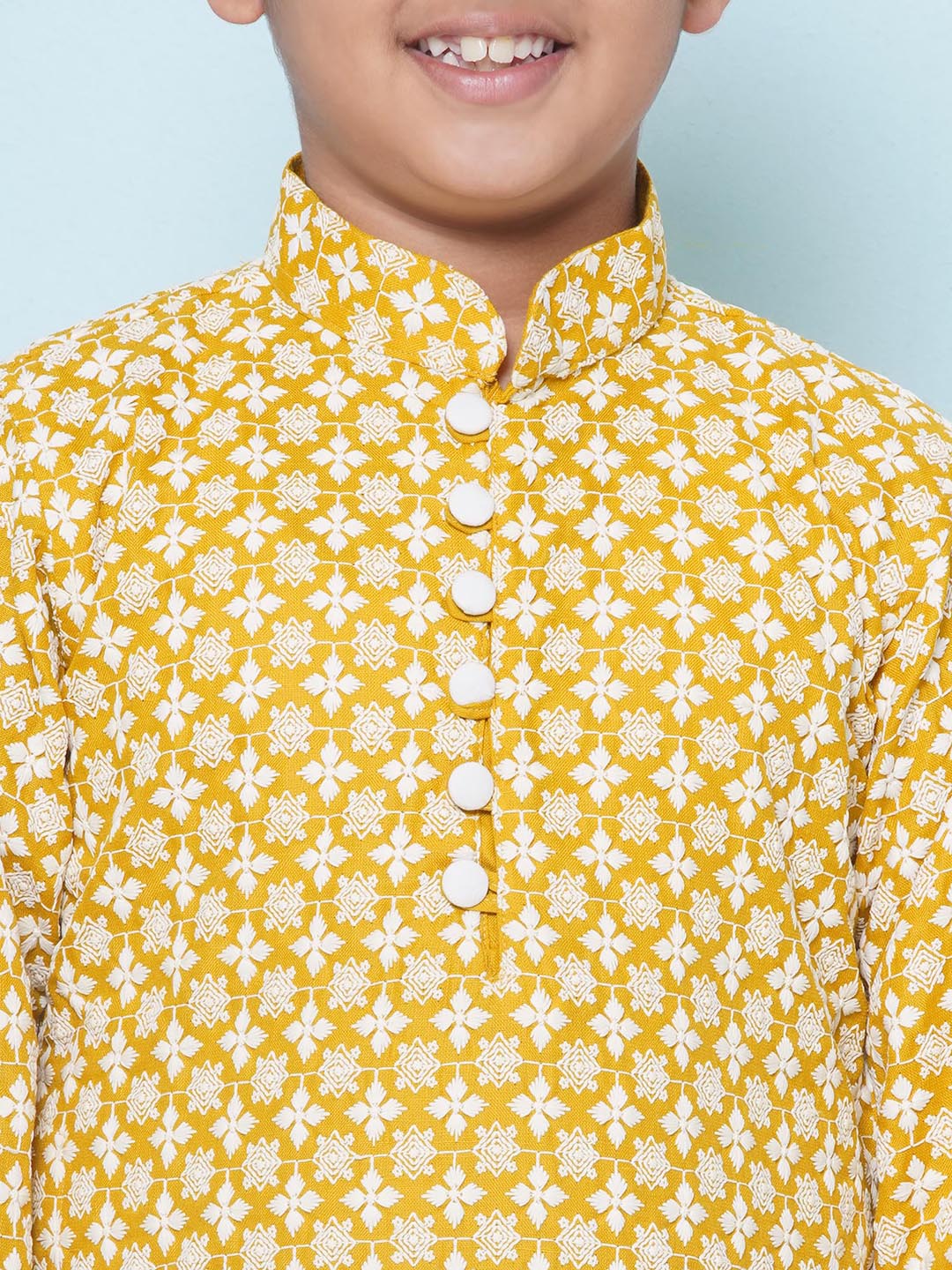 Boys Kids Yellow Cotton Embroidery Kurta Set