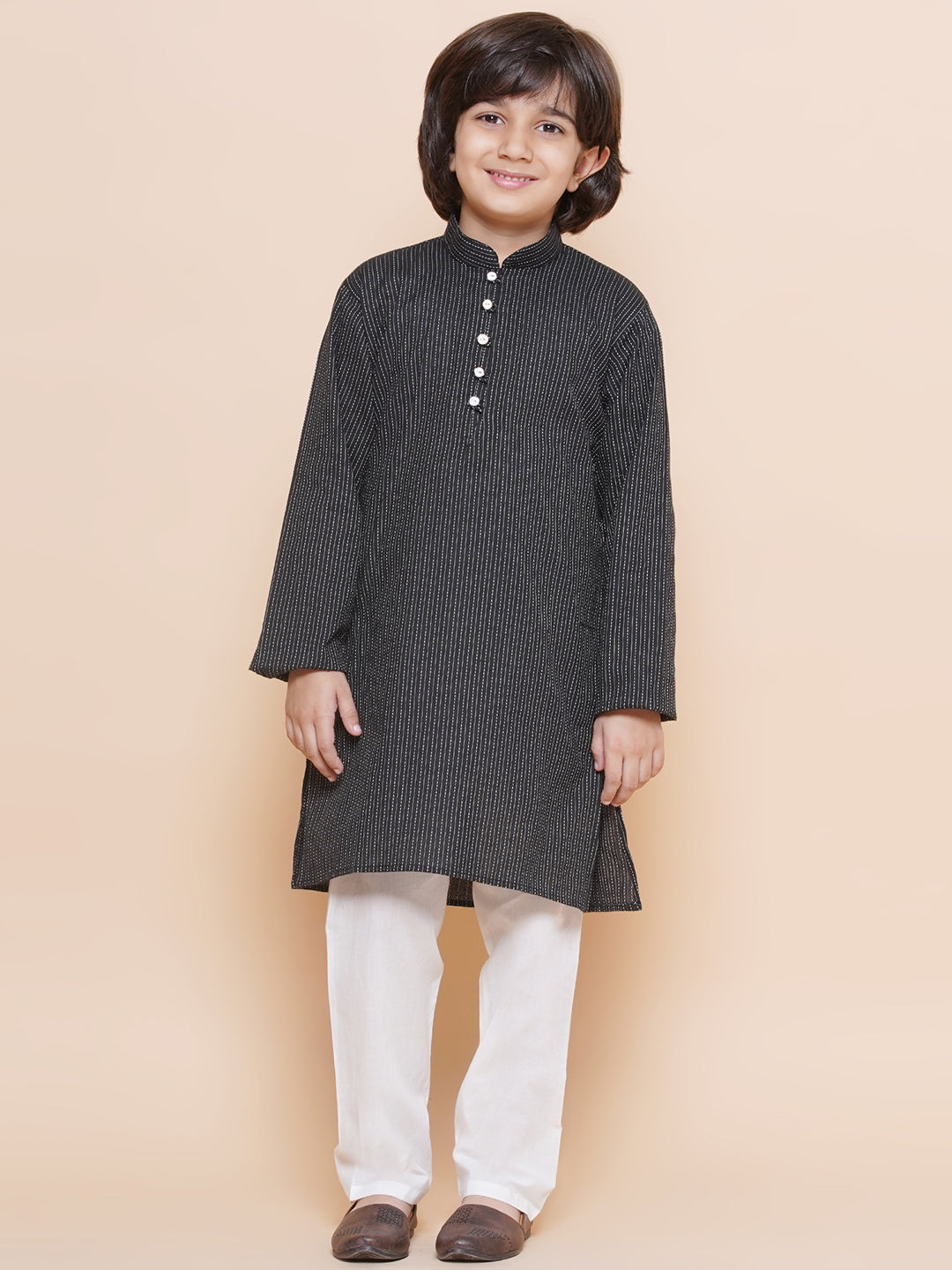 Kids Boys Black Chikankari Cotton Kurta Pyjama Set