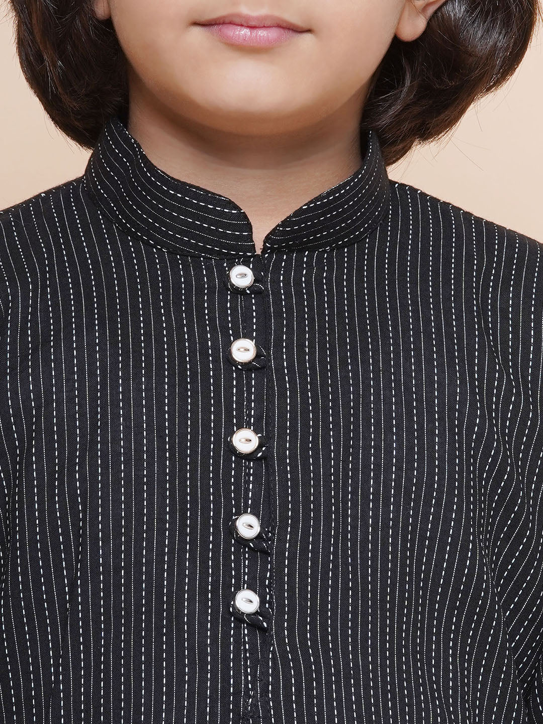 Kids Boys Black Chikankari Cotton Kurta Pyjama Set