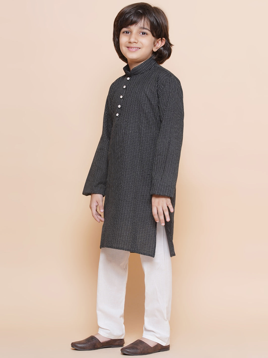 Kids Boys Black Chikankari Cotton Kurta Pyjama Set