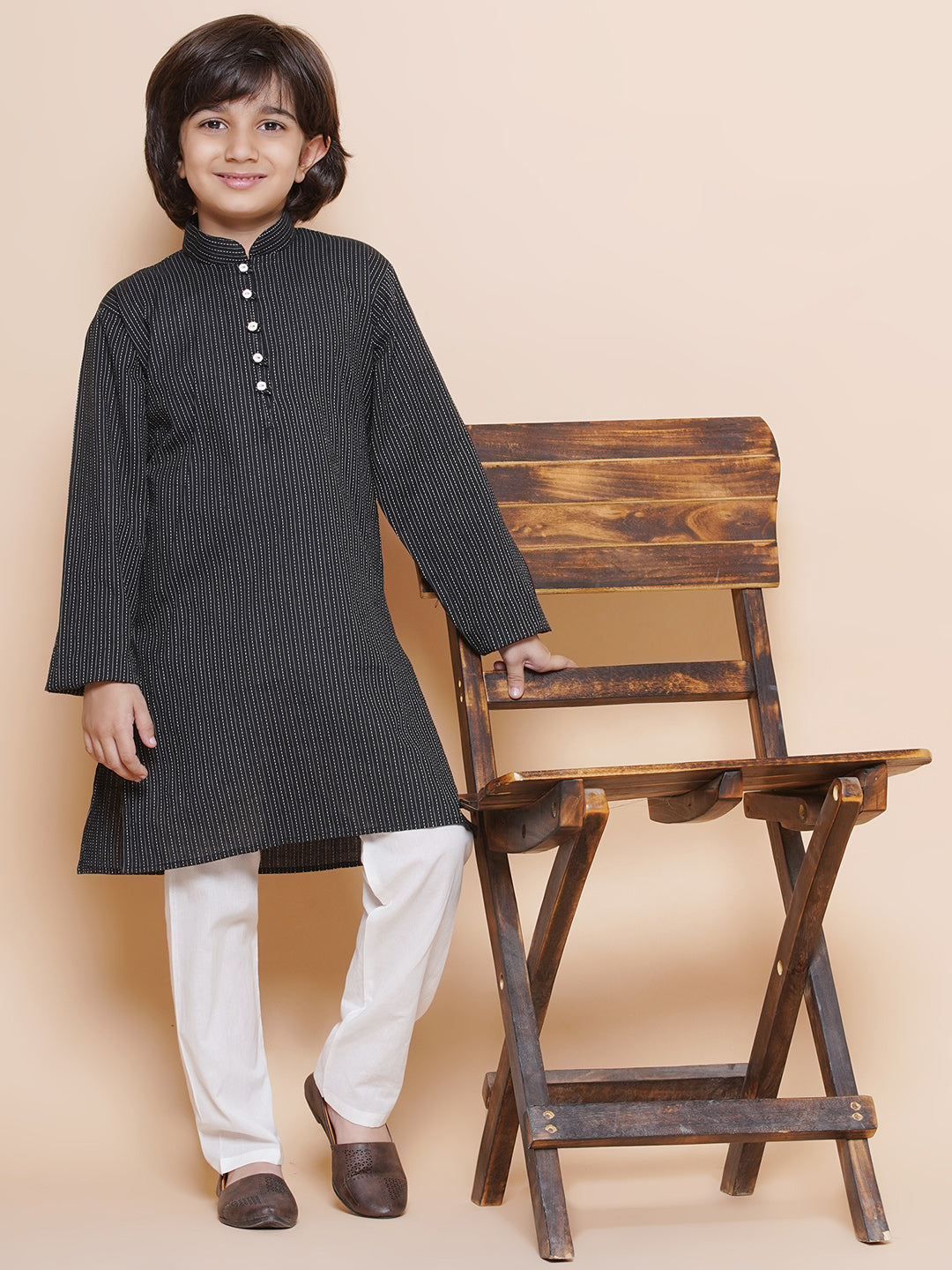 Kids Boys Black Chikankari Cotton Kurta Pyjama Set