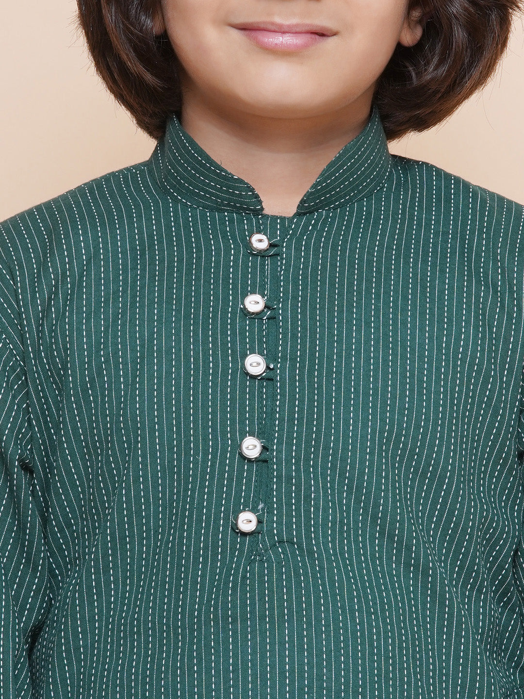 Boys Green Cotton Embroidery print full Sleeve kurta pyjama set