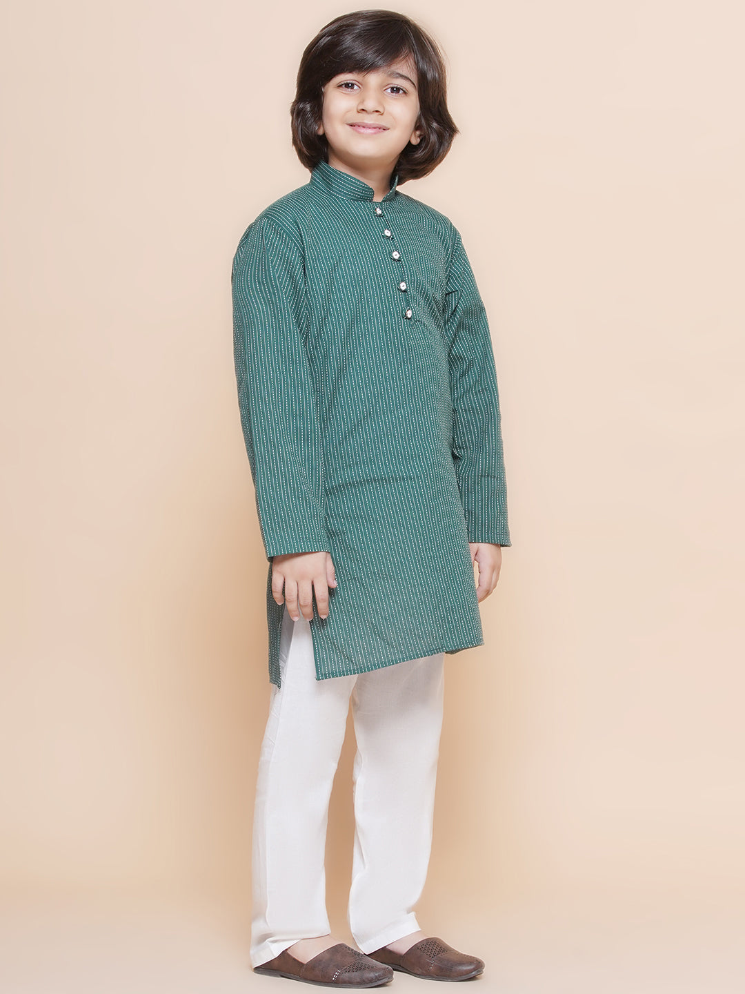 Kids Boys Green Chikankari Cotton Kurta Pyjama Set