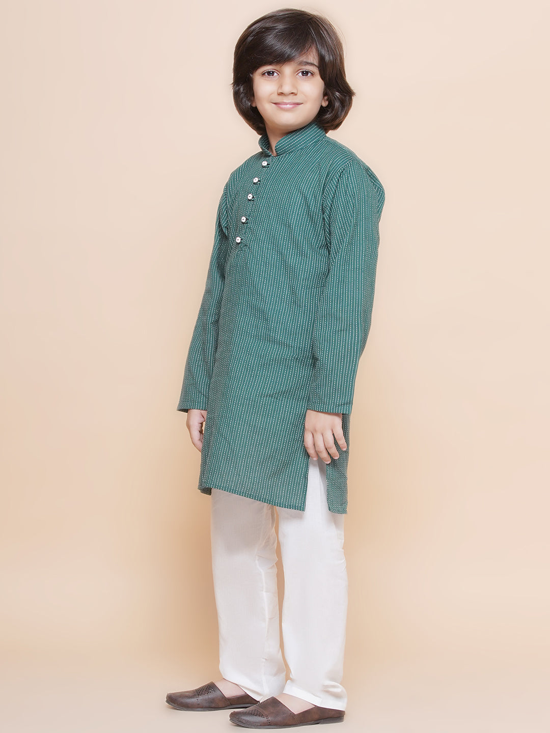 Kids Boys Green Chikankari Cotton Kurta Pyjama Set