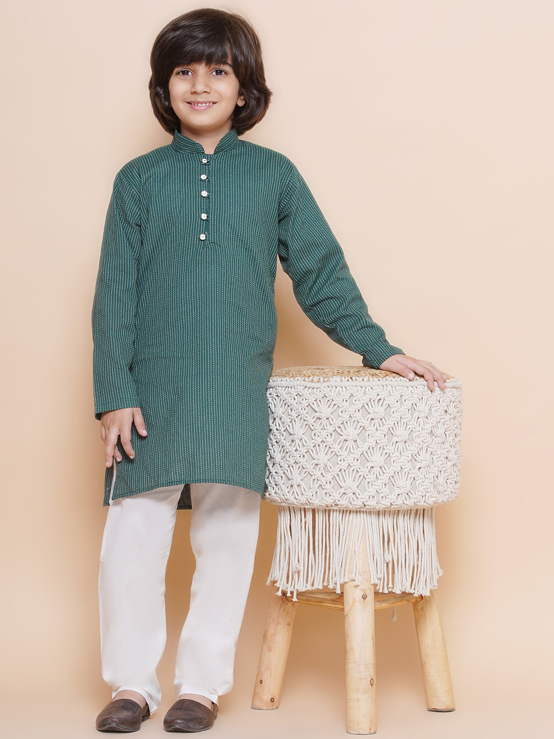 Kids Boys Green Chikankari Cotton Kurta Pyjama Set