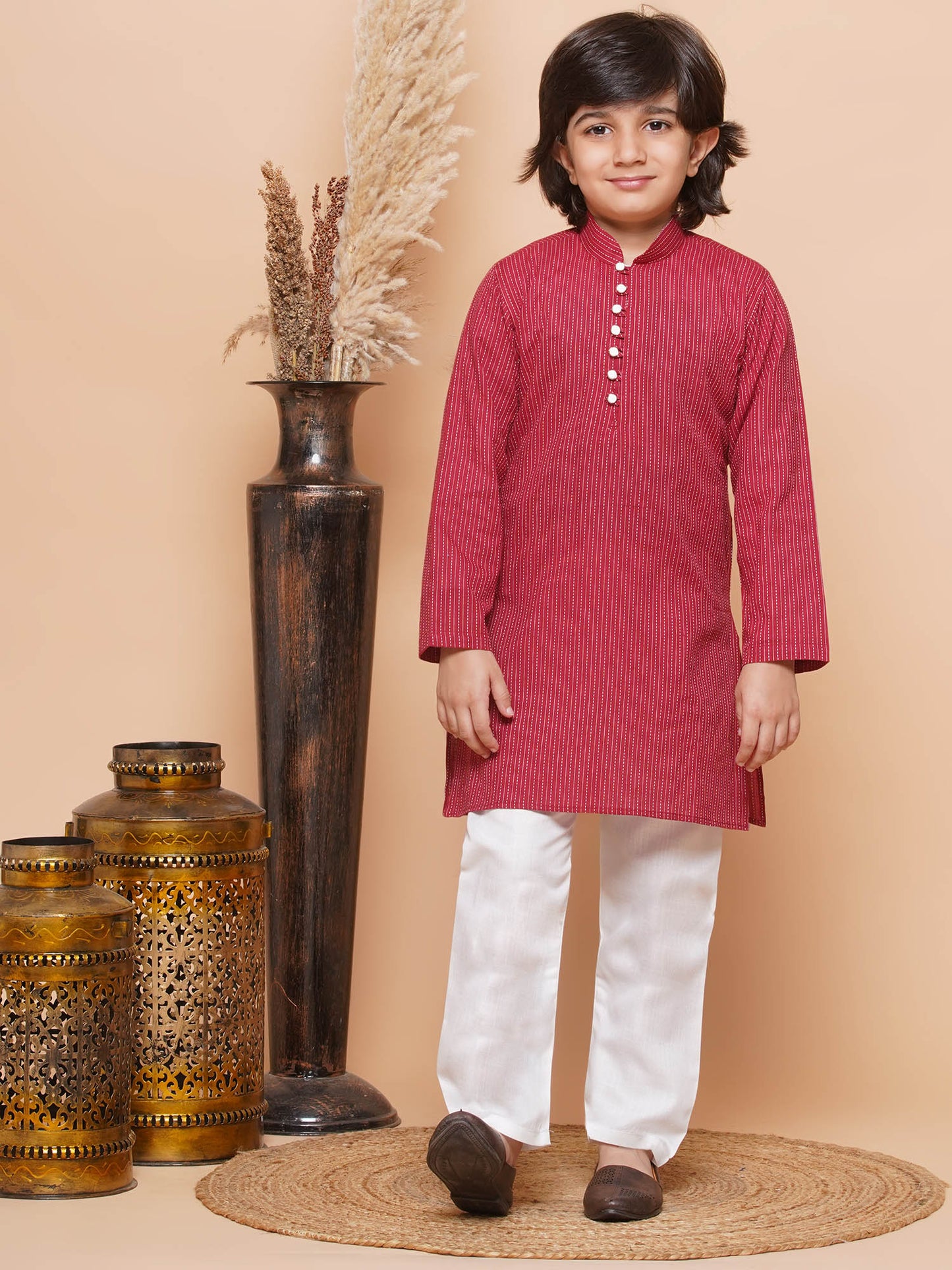 Boys Pure Cotton Kurta Pyjamas and Girls Kurta With Dhoti Pants-Sibling Sets -Red