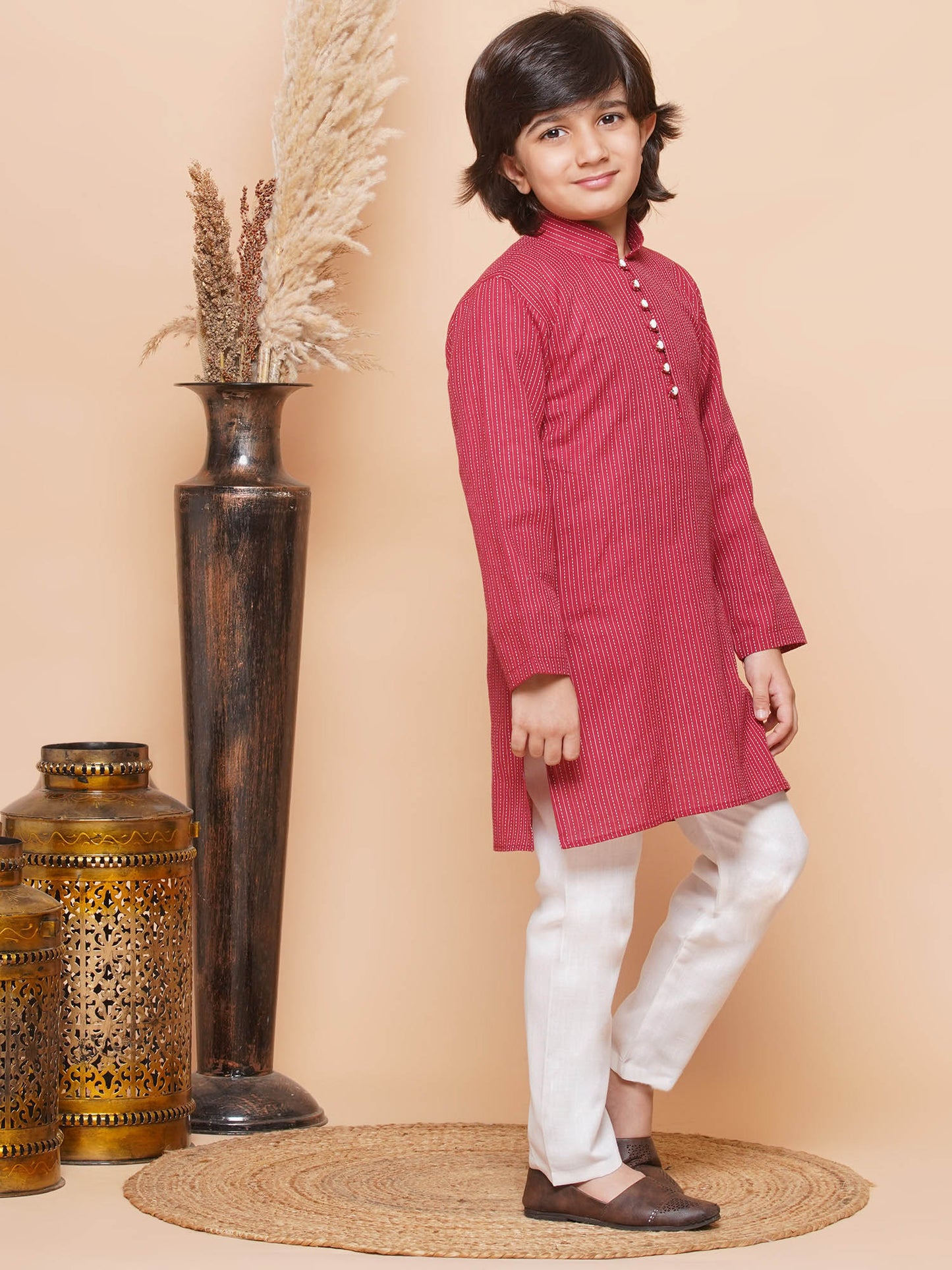 Boys Pure Cotton Kurta Pyjamas and Girls Kurta With Dhoti Pants-Sibling Sets -Red