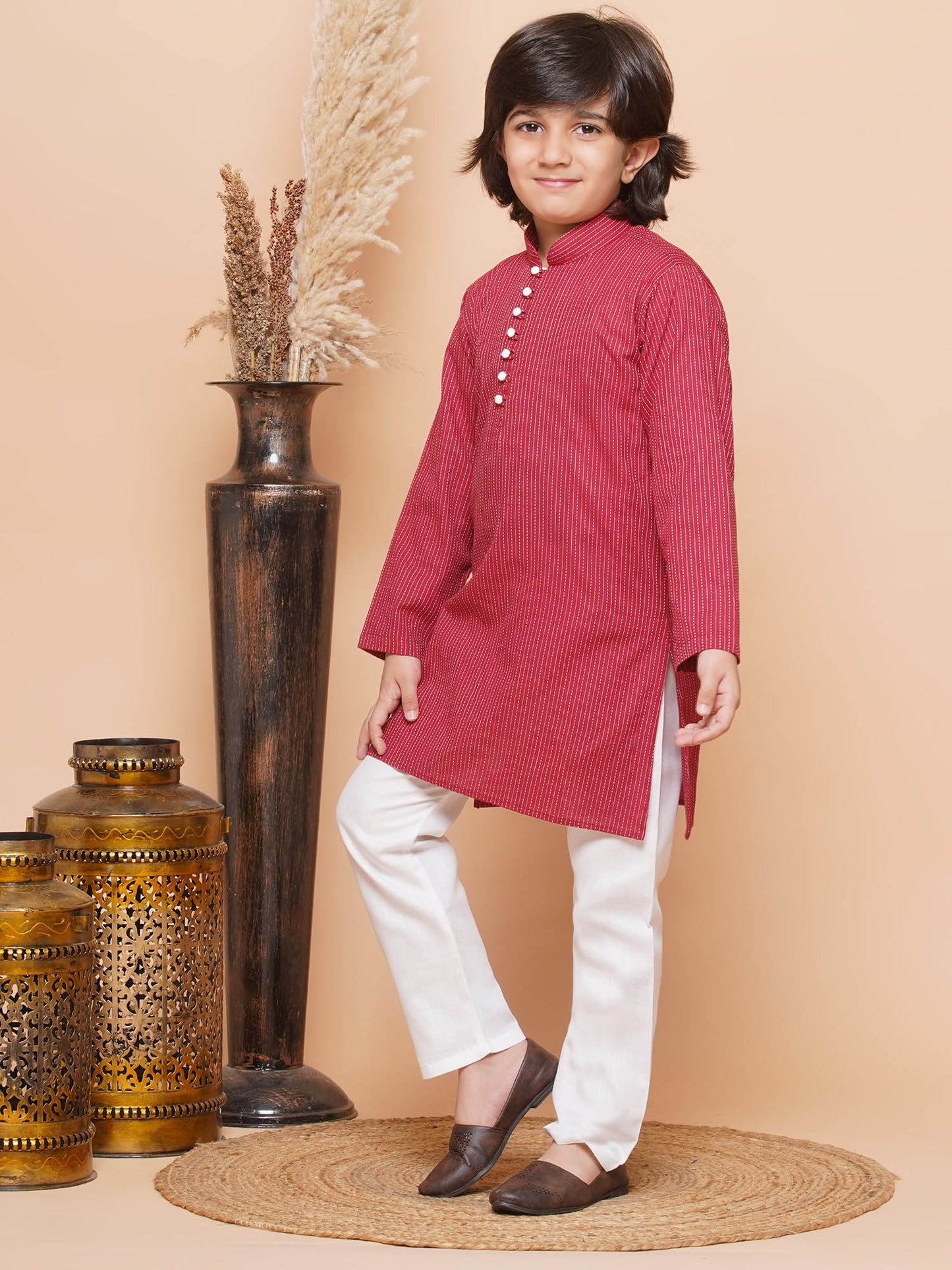 Boys Pure Cotton Kurta Pyjamas and Girls Kurta With Dhoti Pants-Sibling Sets -Red