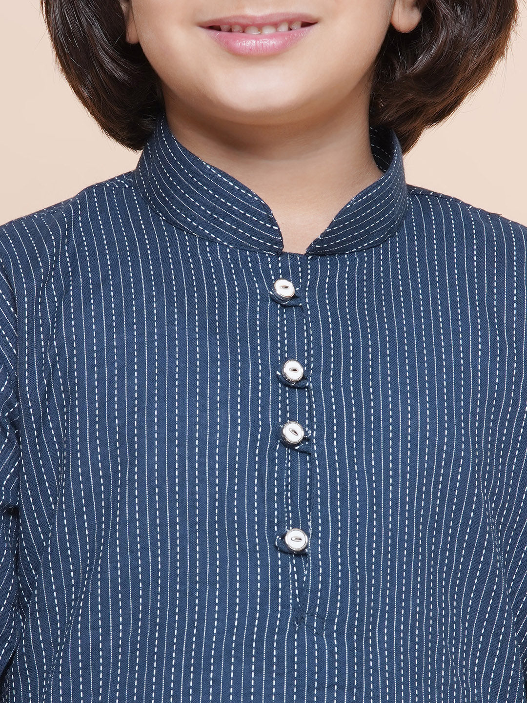 Kids Boys Navy Blue Chikankari Cotton Kurta Pyjama Set - AJ Dezines