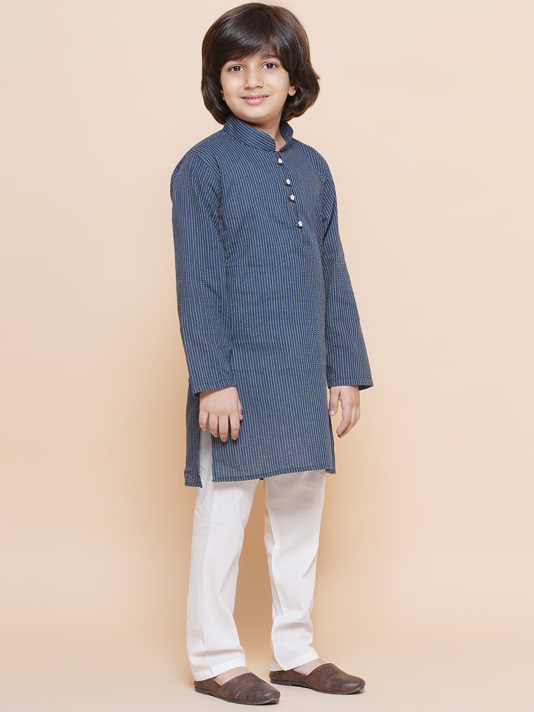 Boys Navy Blue Cotton Embroidery print full Sleeve kurta pyjama set