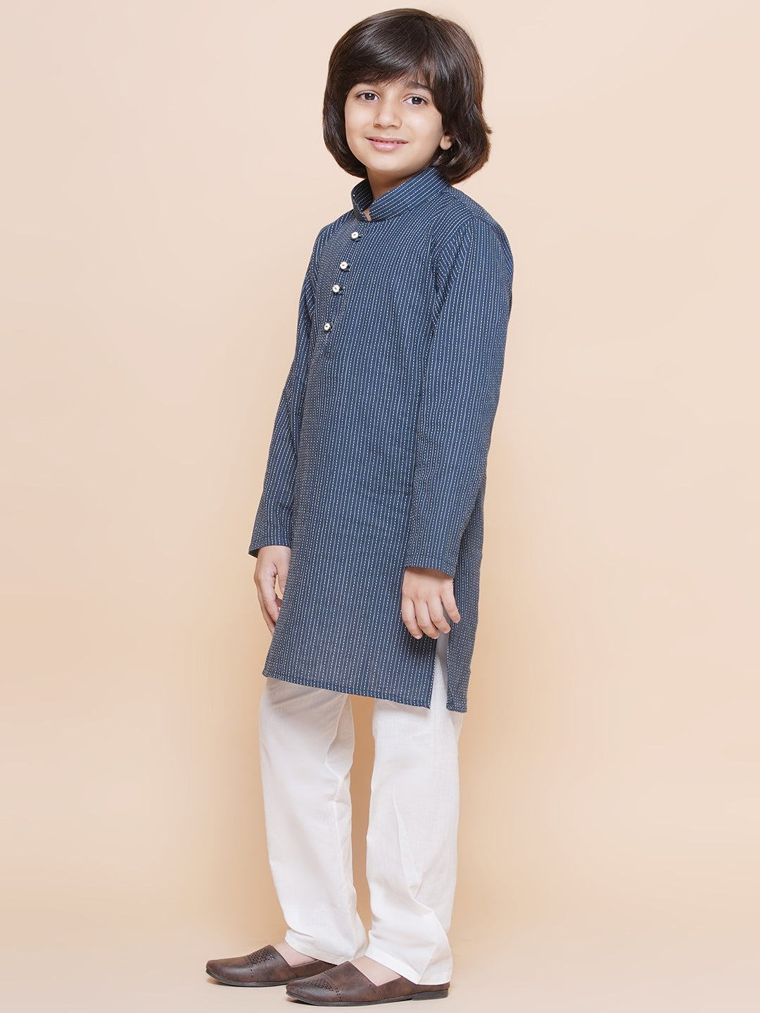 Kids Boys Navy Blue Chikankari Cotton Kurta Pyjama Set - AJ Dezines