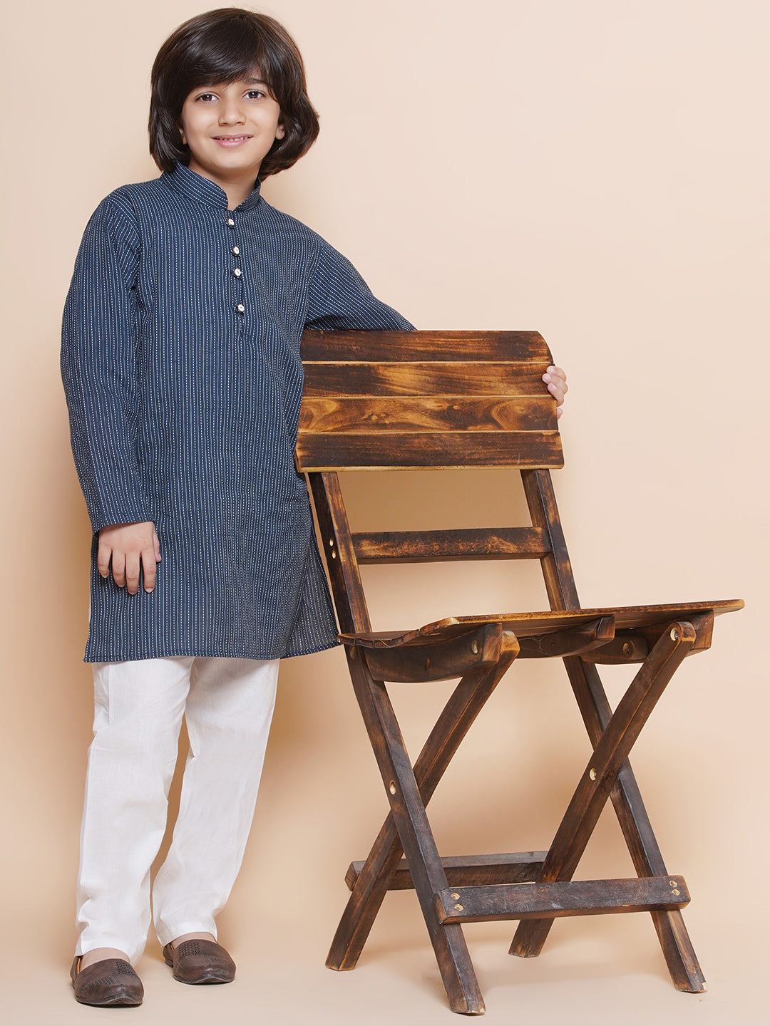 Boys Striped Pure Cotton Kurta Pyjamas & Girls Kurta Dhoti Pants-Sibling Sets -BLUE