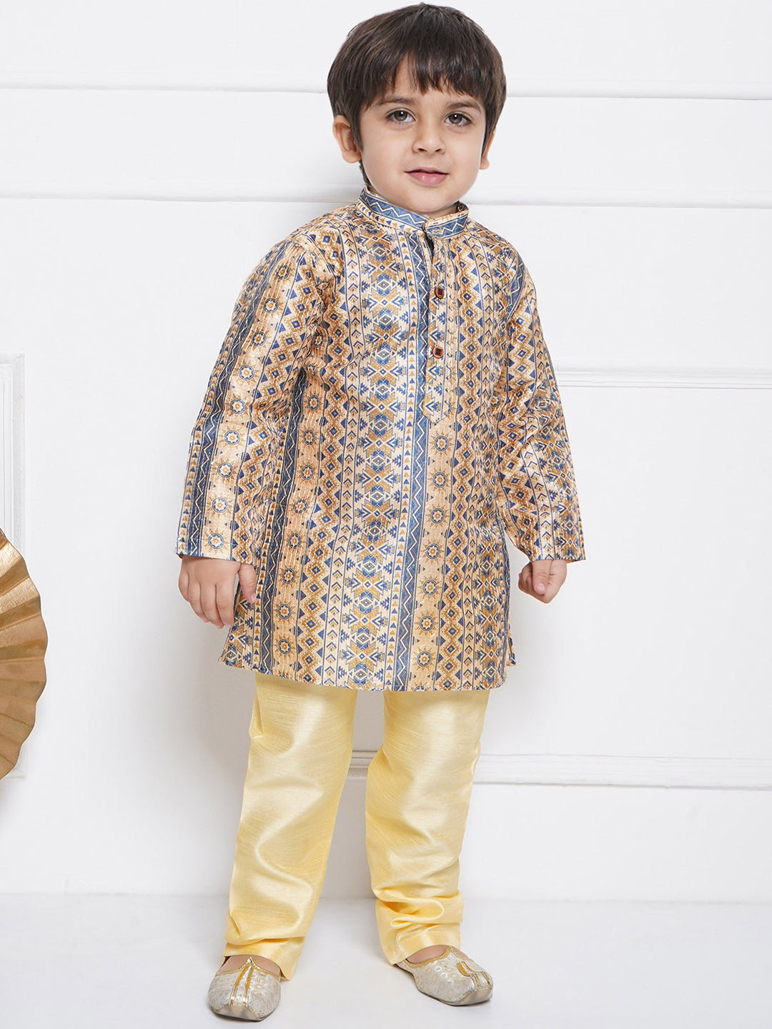 Kids Boys BEIGE Printed Silk Blend Kurta Pyjama Set