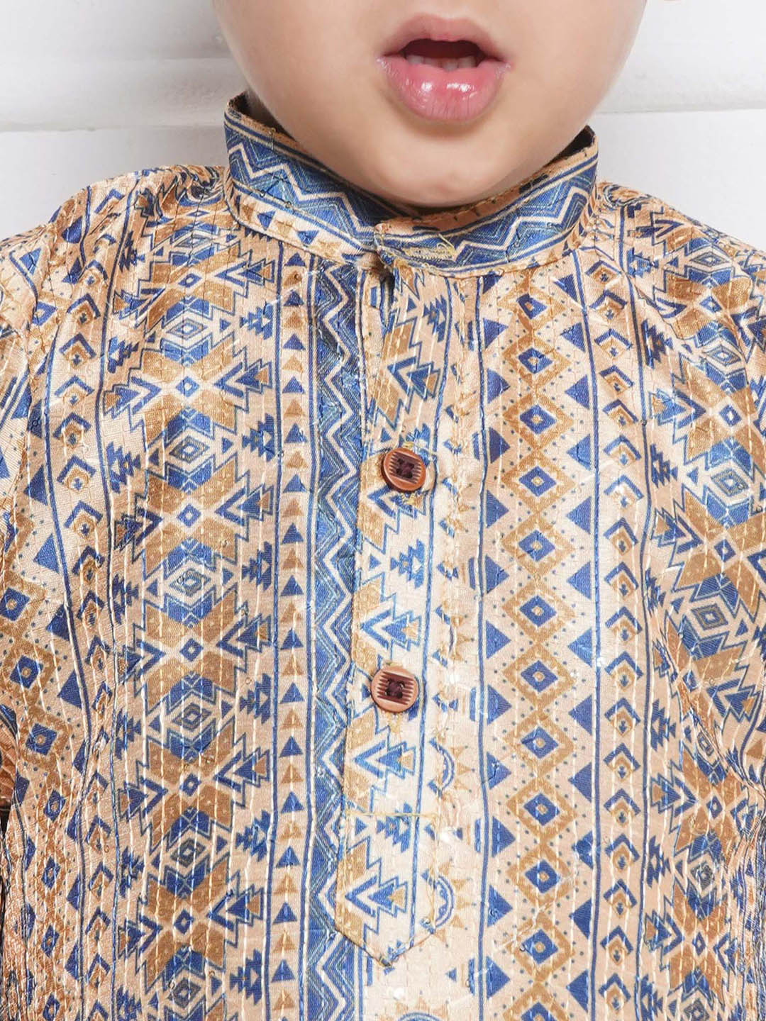 Kids Boys BEIGE Printed Silk Blend Kurta Pyjama Set