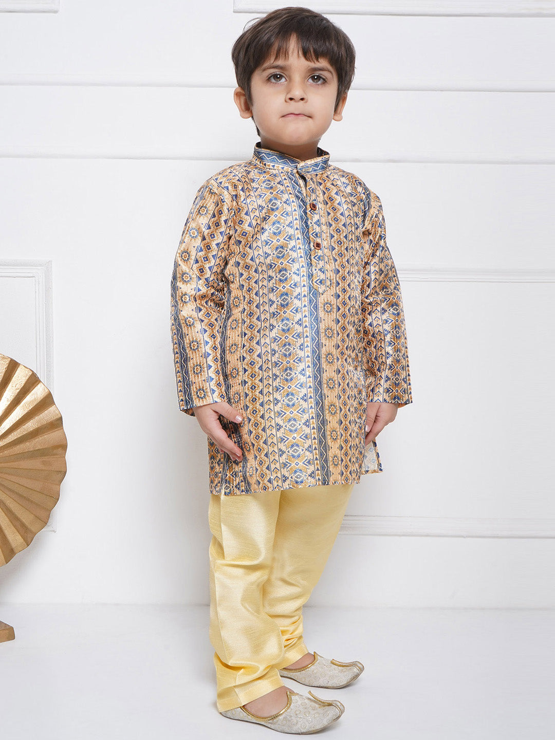 Kids Boys BEIGE Printed Silk Blend Kurta Pyjama Set