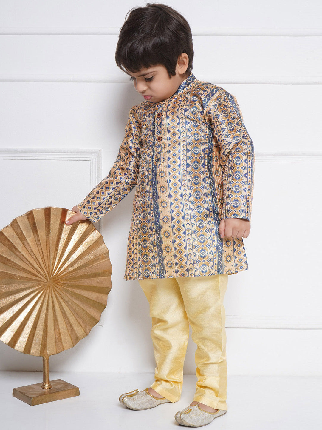 Kids Boys BEIGE Printed Silk Blend Kurta Pyjama Set