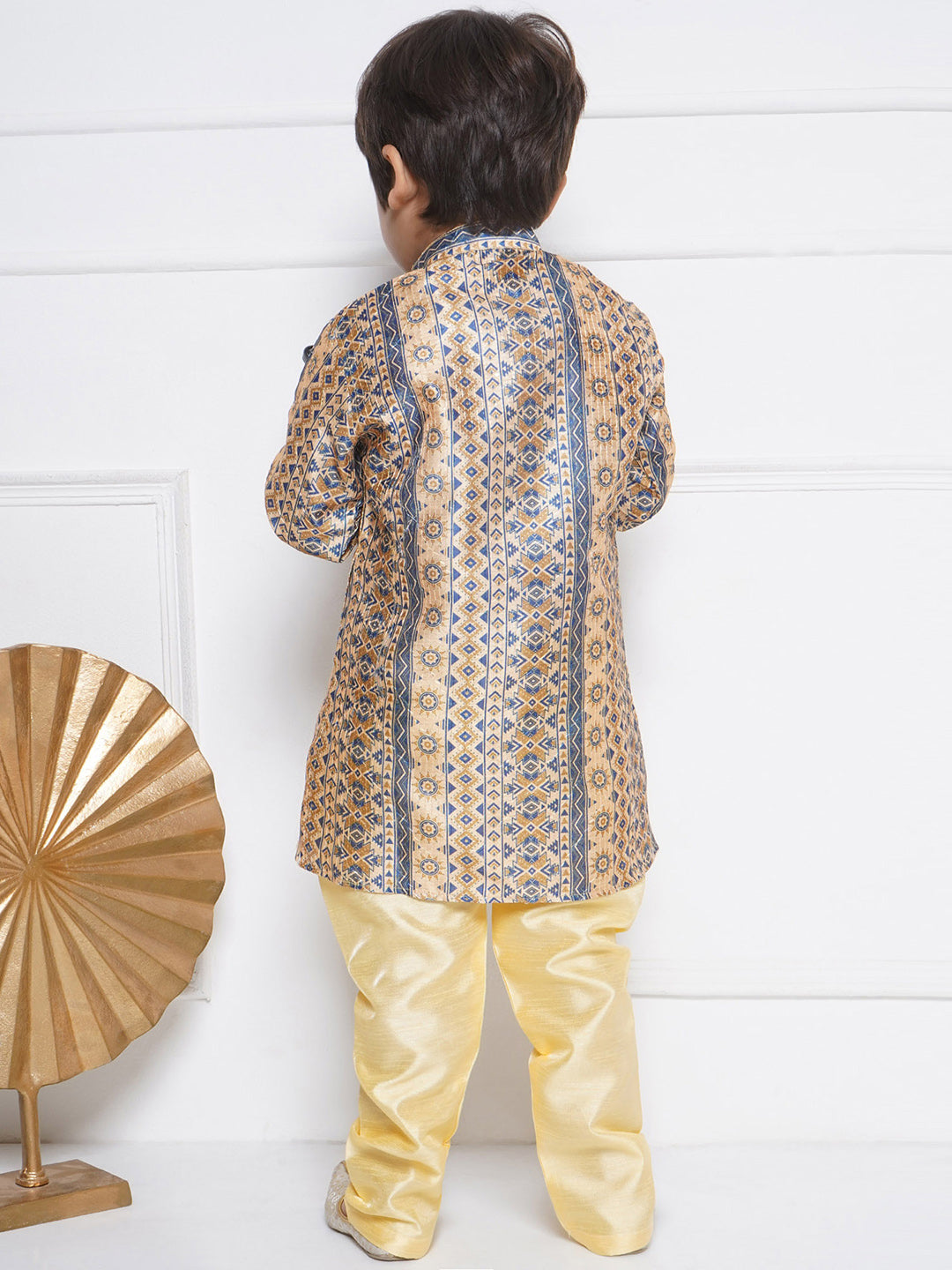 Kids Boys BEIGE Printed Silk Blend Kurta Pyjama Set