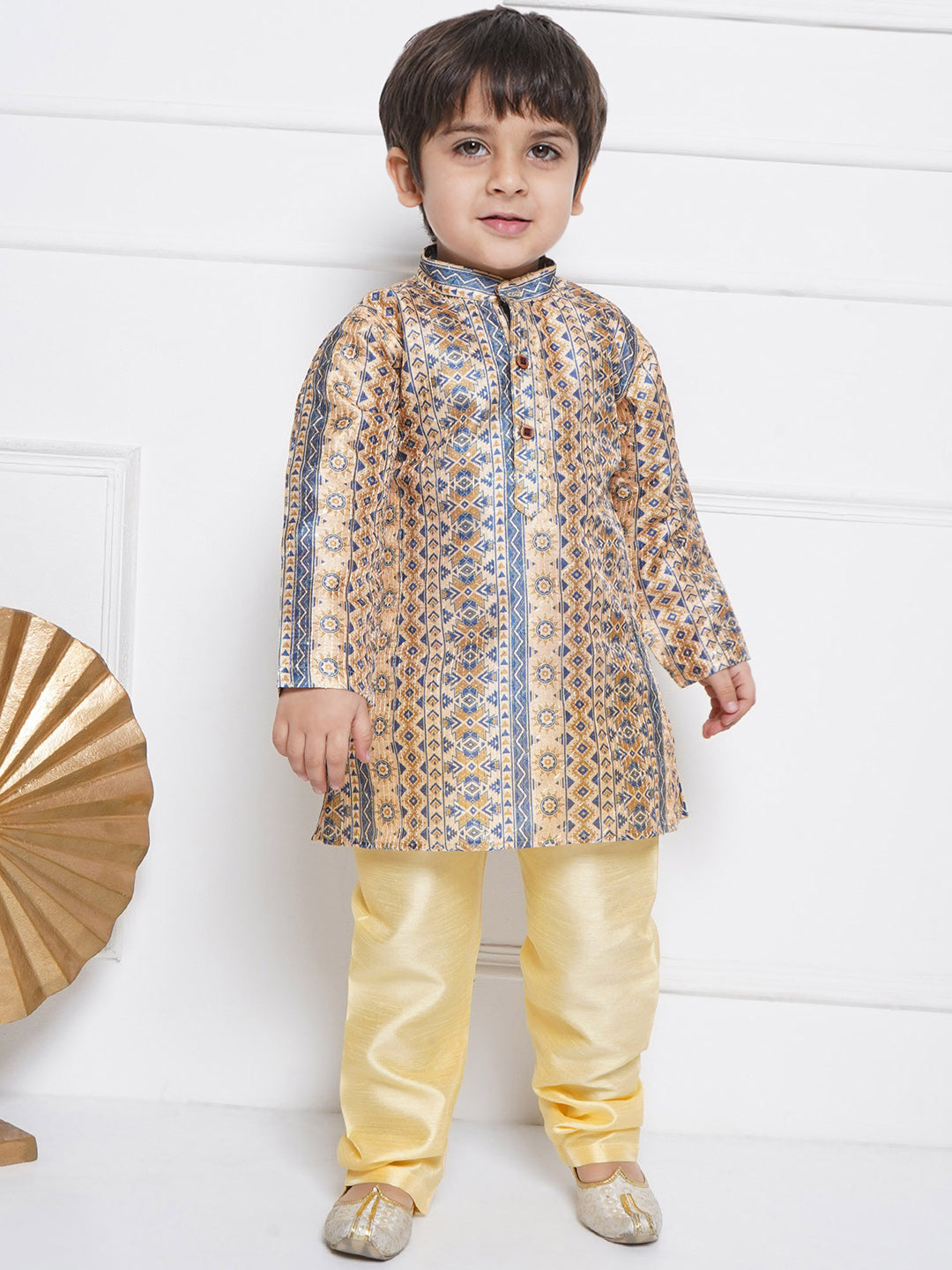 Kids Boys BEIGE Printed Silk Blend Kurta Pyjama Set