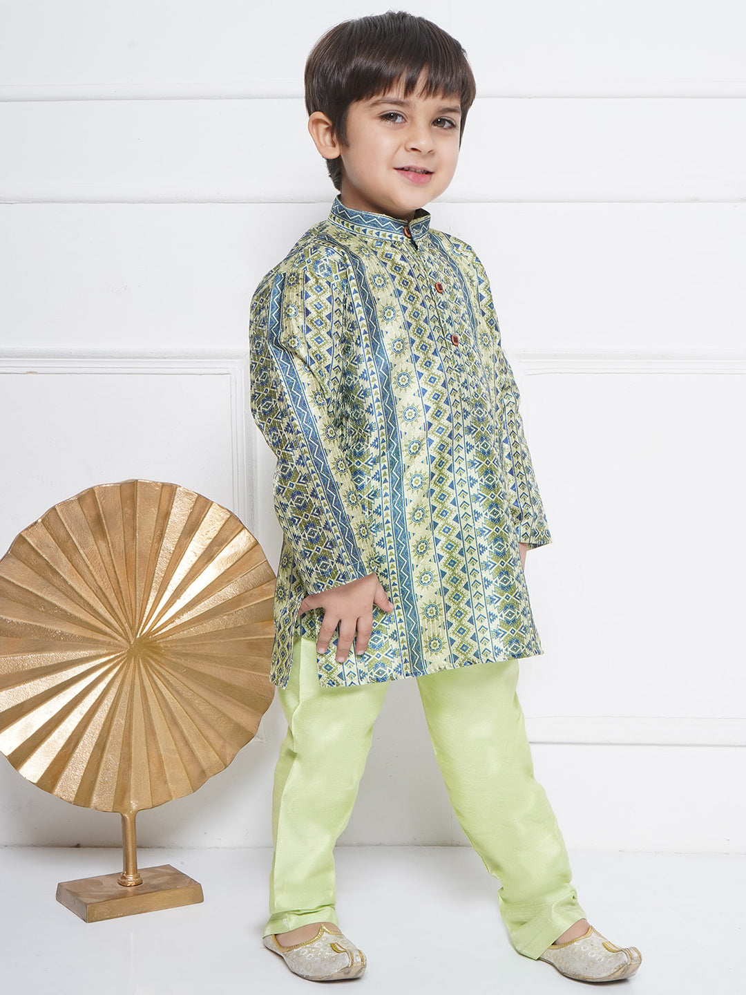 Kids Boys Green Printed Cotton Kurta Pyjama Set