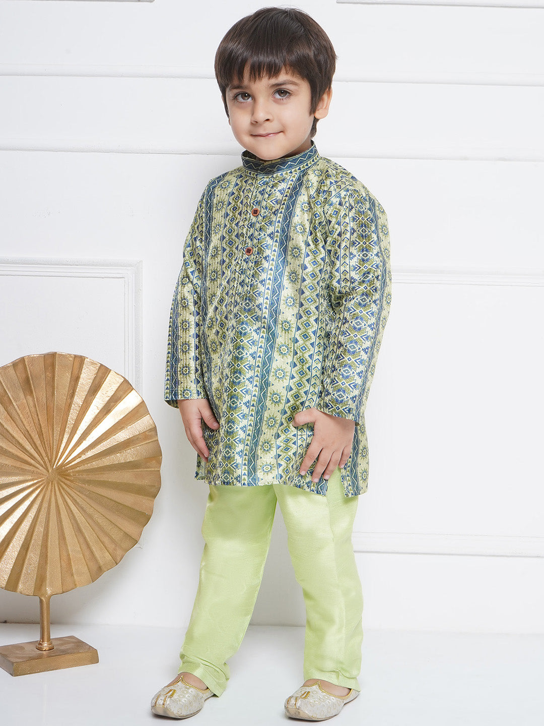 Kids Boys Green Printed Cotton Kurta Pyjama Set